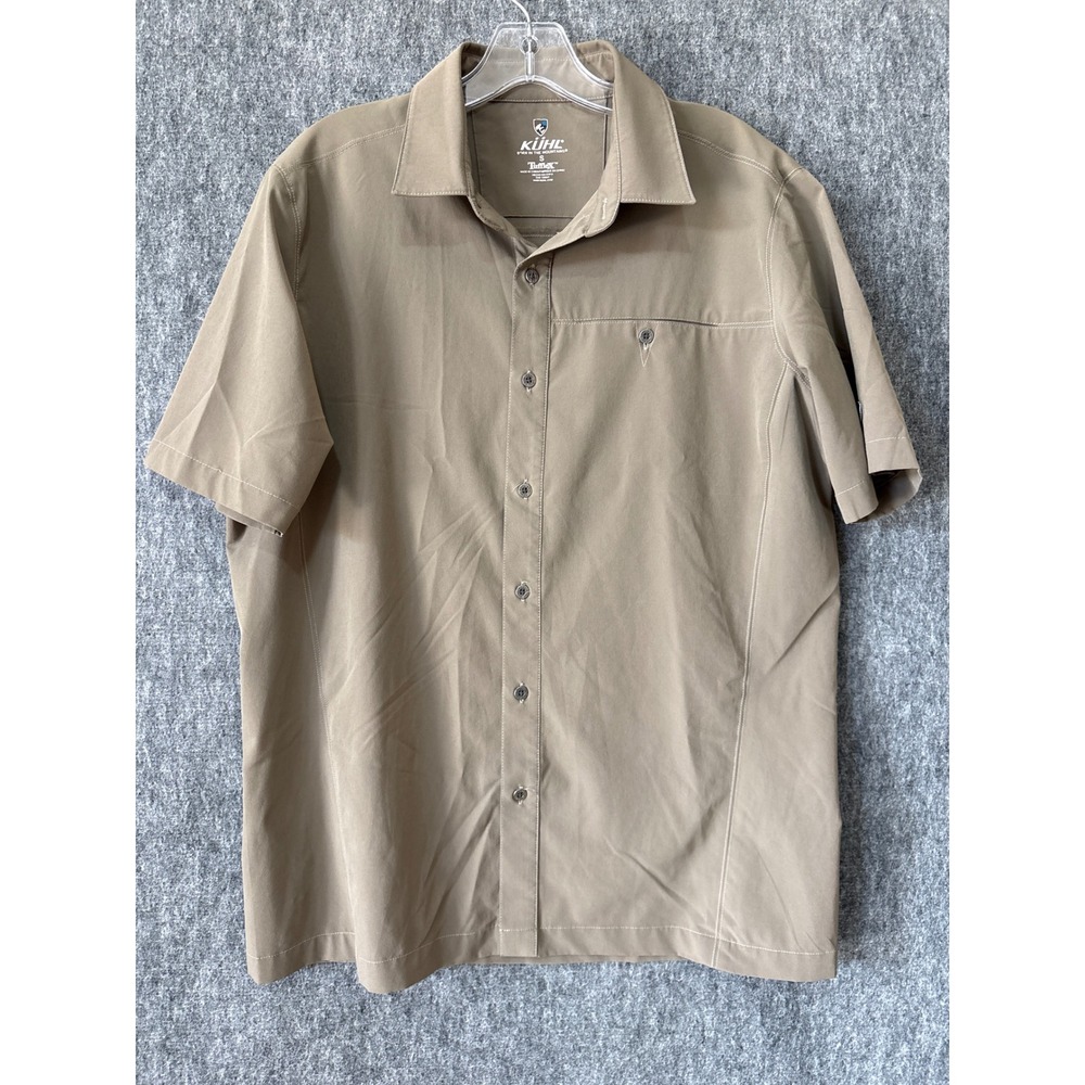 Kuhl Tufflex Mens Small Khaki Short Sleeve Button Down Hiking Shirt Tan Outdoor
